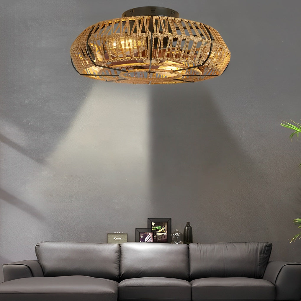 Creative Rattan Iron Timing Industrial Style Inverter Ceiling Fan Lamp