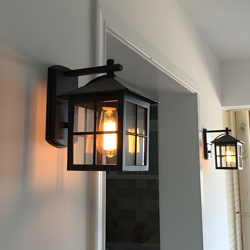 Antique Lantern Shaped Glass Waterproof Black Modern Wall Sconce Lighting - Dazuma