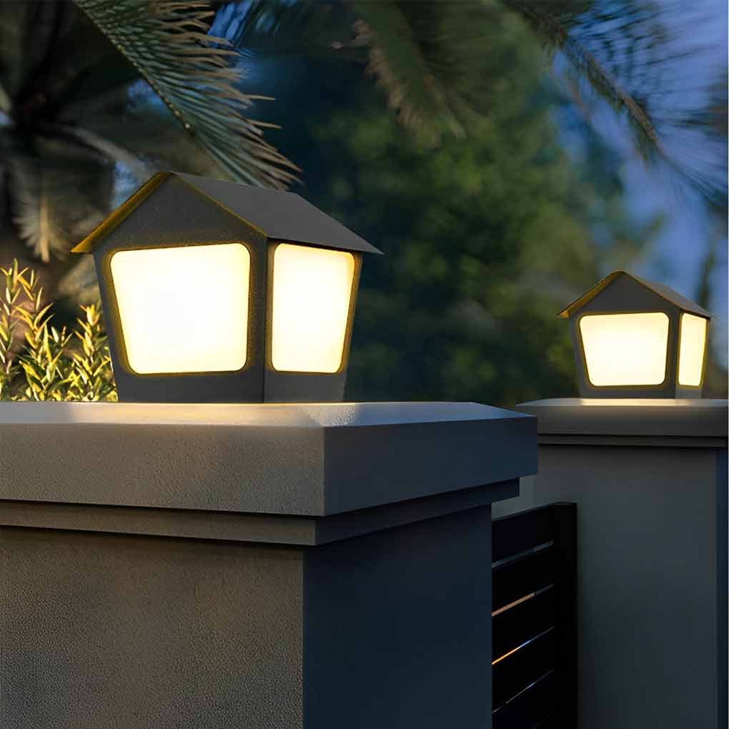 Cottage Shaped LED Waterproof Black Modern Solar Fence Post Lights Pillar Light