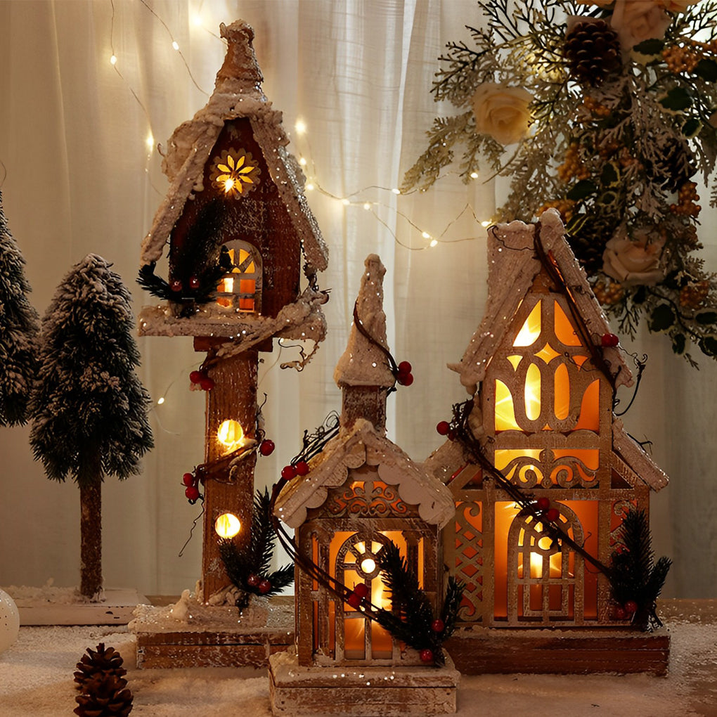 Creative Wooden Christmas Houses Village Ornaments Decoration with Lights