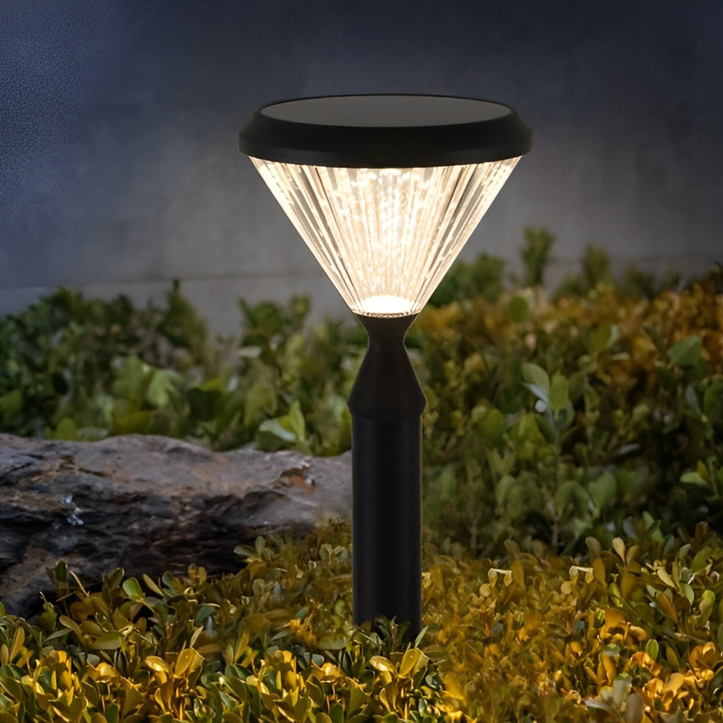 Round Solar LED Outdoor Lights in Black with Ribbed Lampshade