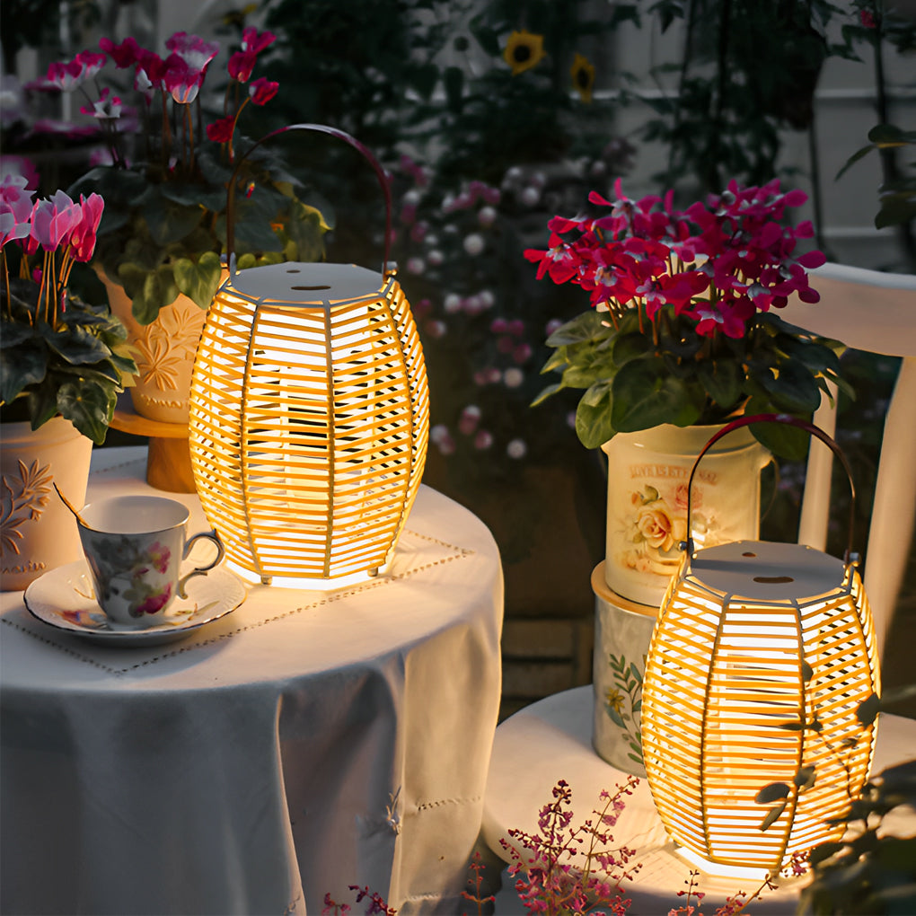 Portable Rattan Lantern Waterproof LED Modern Solar Outdoor Light Floor Lamp