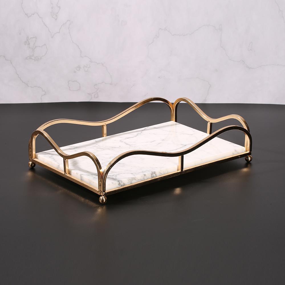Rectangle Jewelry Perfume Tray Large Serving Tray with Gold Holder White