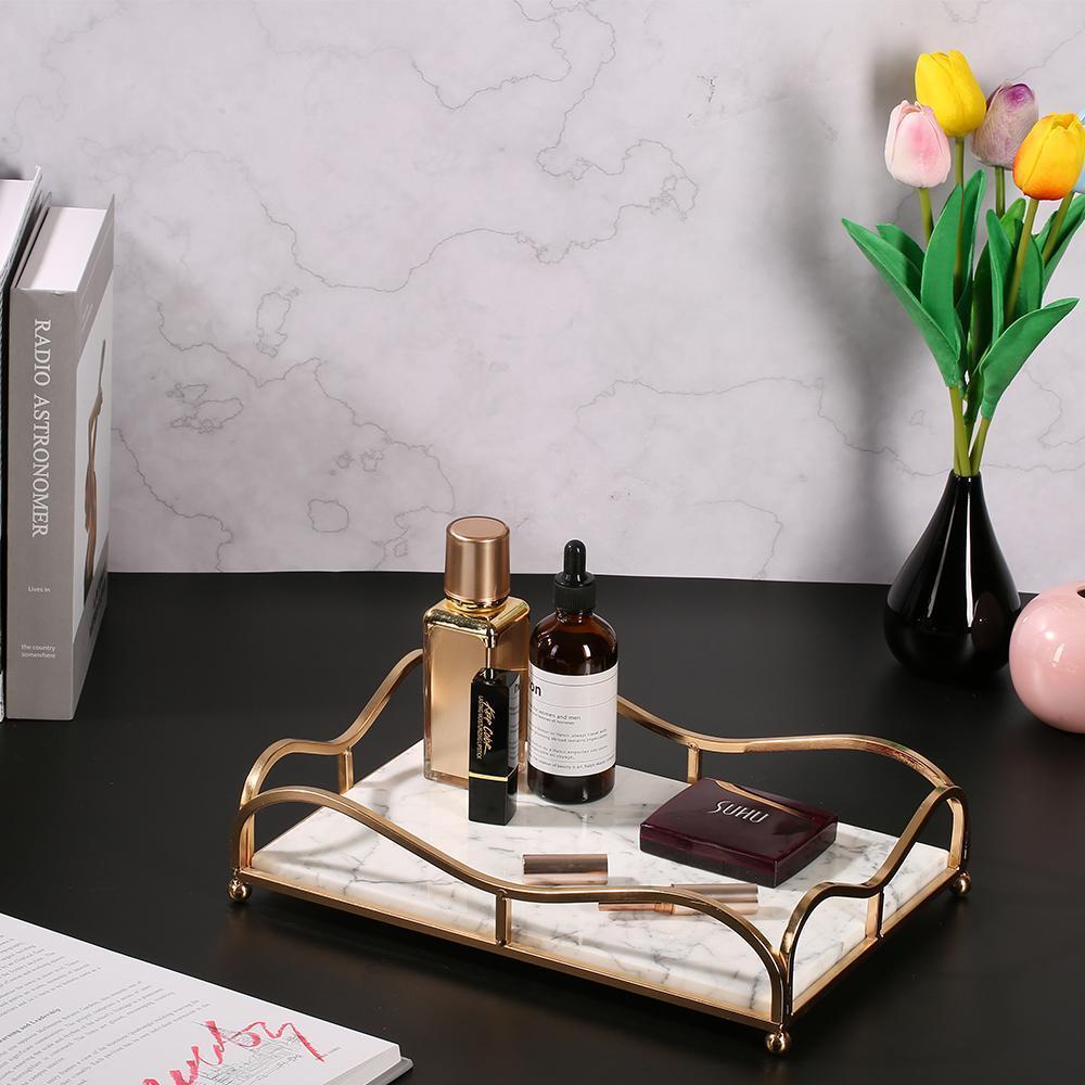 Rectangle Jewelry Perfume Tray Large Serving Tray with Gold Holder White