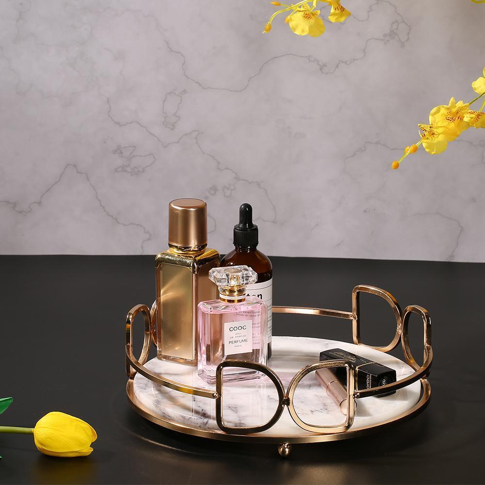 Marble Vanity Perfume Gold Holder Tray Storage Desk Tray Round Green