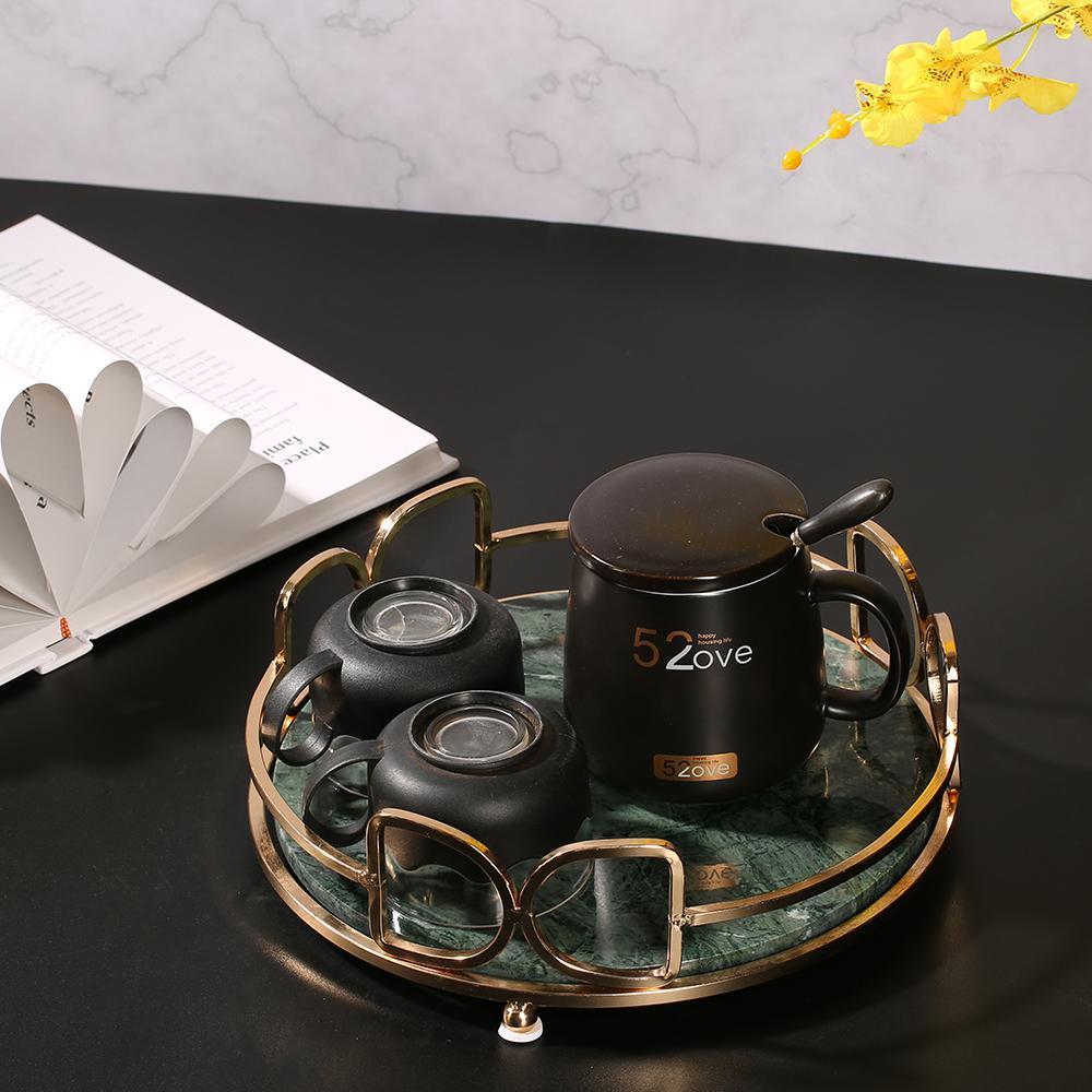 Marble Vanity Perfume Gold Holder Tray Storage Desk Tray Round Green