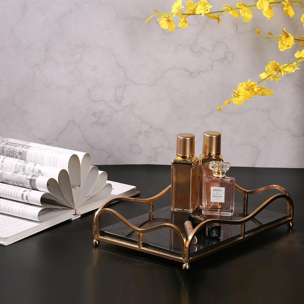 Rectangle Jewelry Perfume Tray Large Serving Tray with Gold Holder White