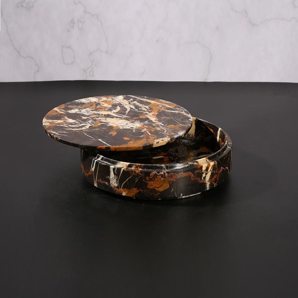 Marble Round Fruit Tray Small Serving Desk Tray with Lid Black Gold