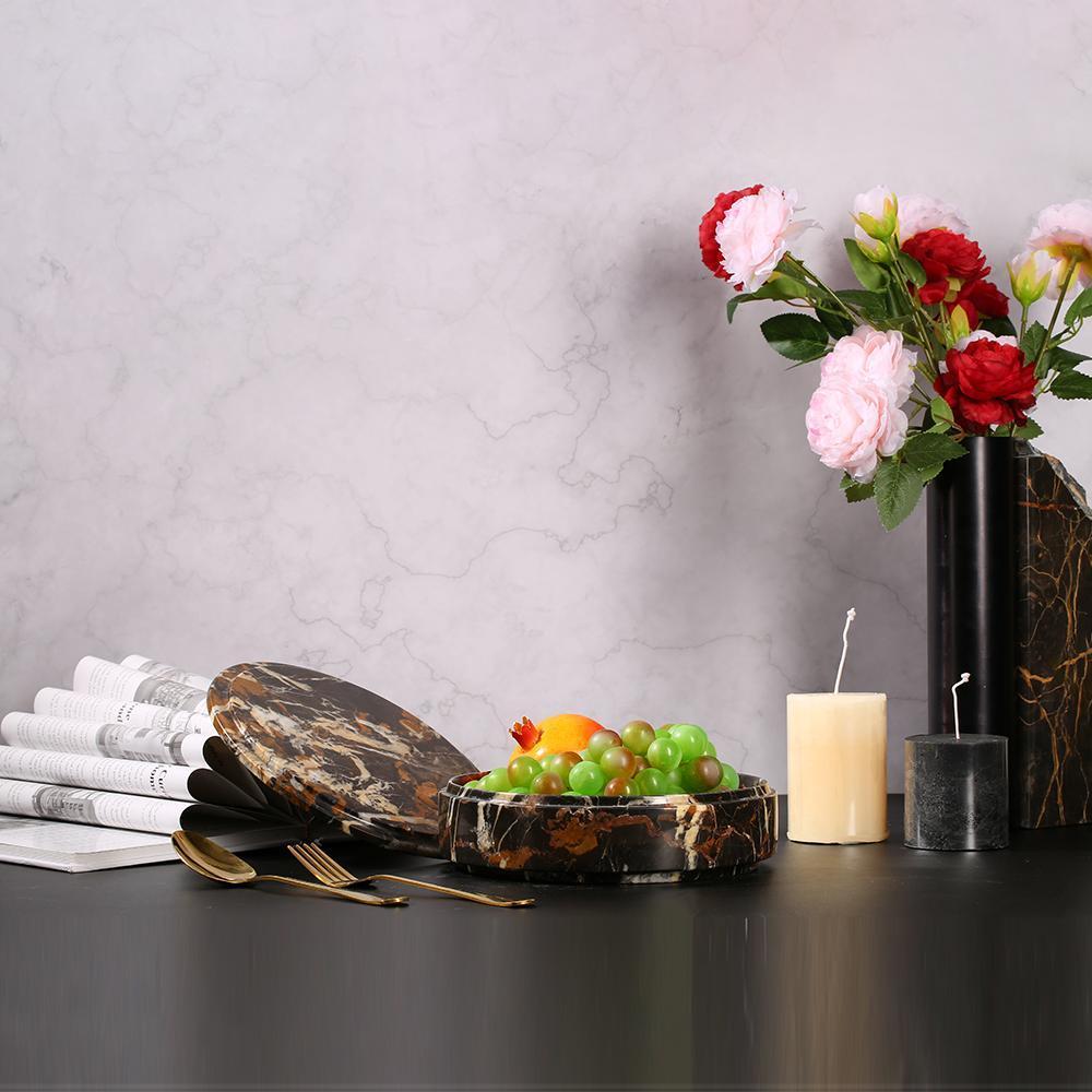 Marble Round Fruit Tray Small Serving Desk Tray with Lid Black Gold