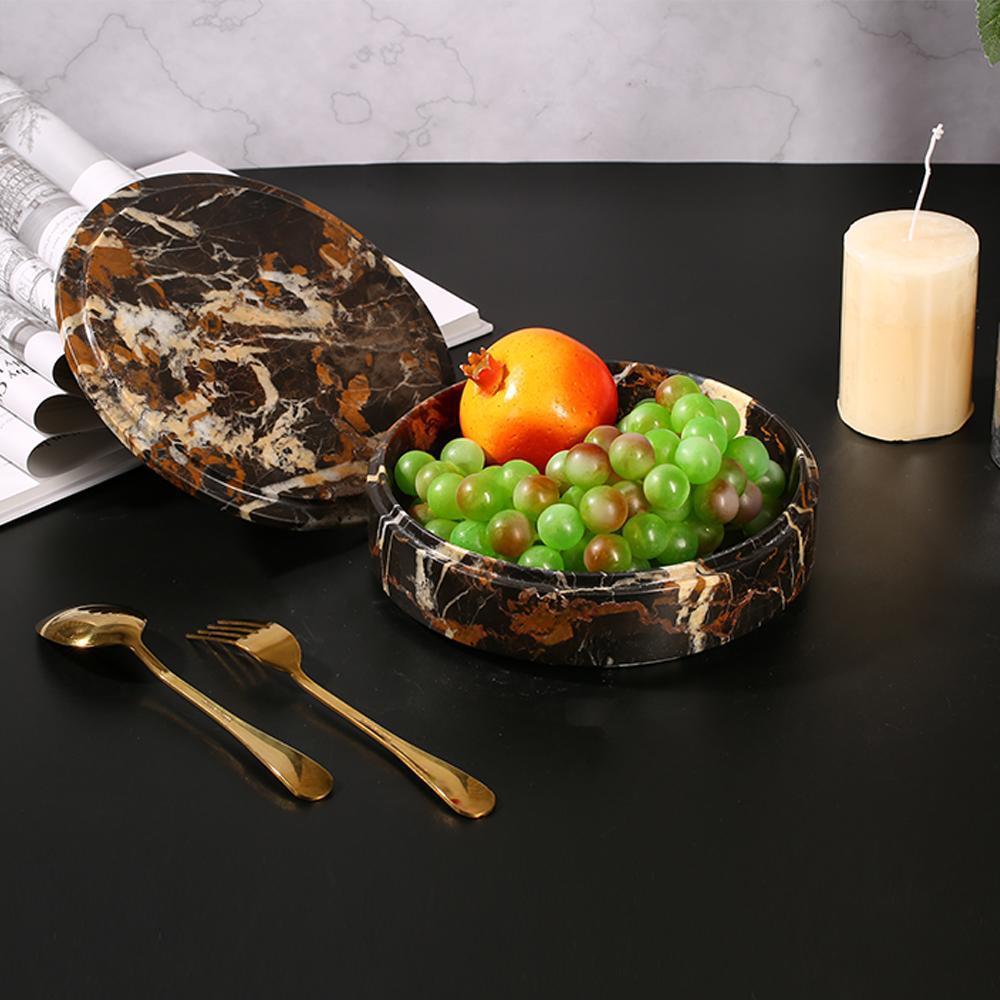 Marble Round Fruit Tray Small Serving Desk Tray with Lid Black Gold