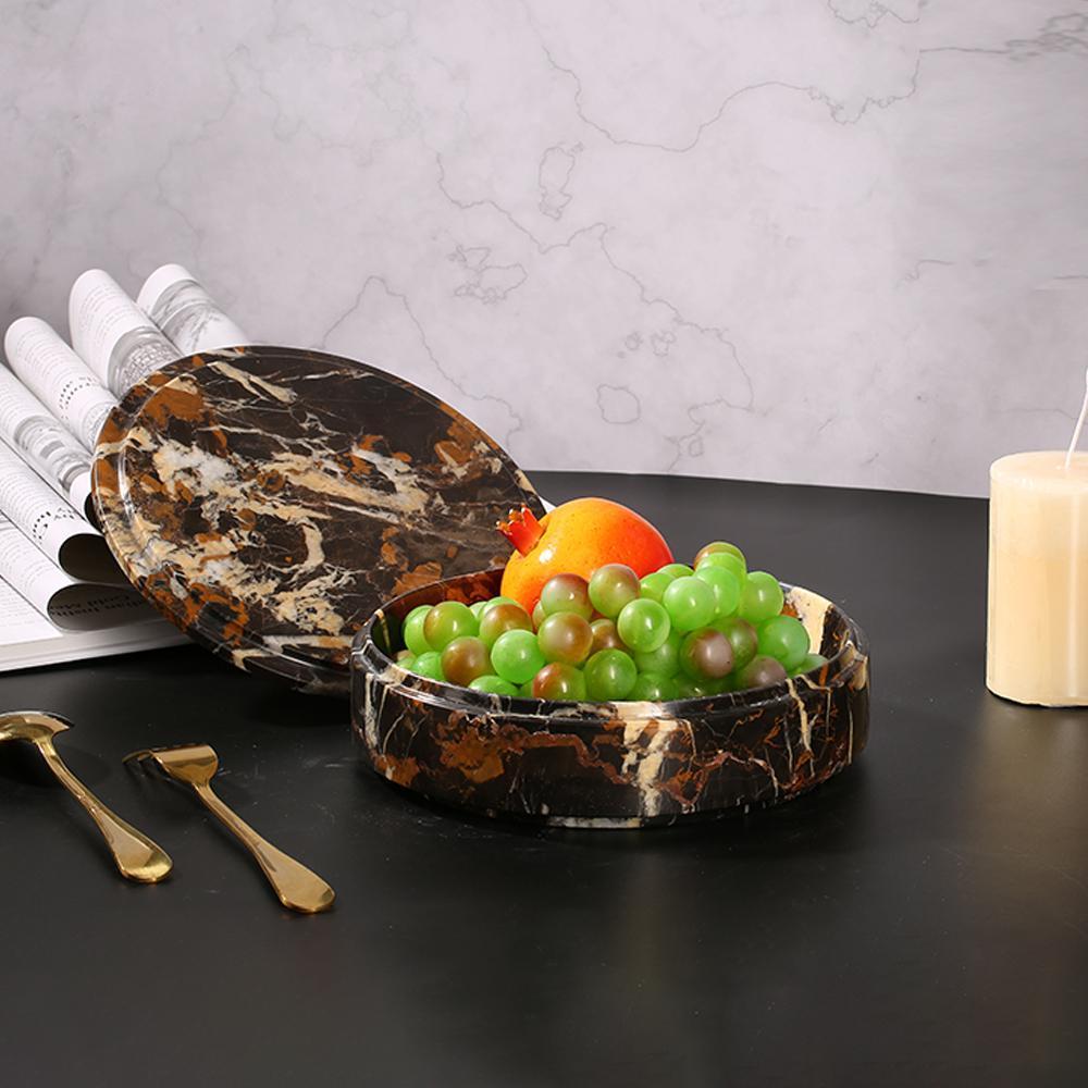 Marble Round Fruit Tray Small Serving Desk Tray with Lid Black Gold