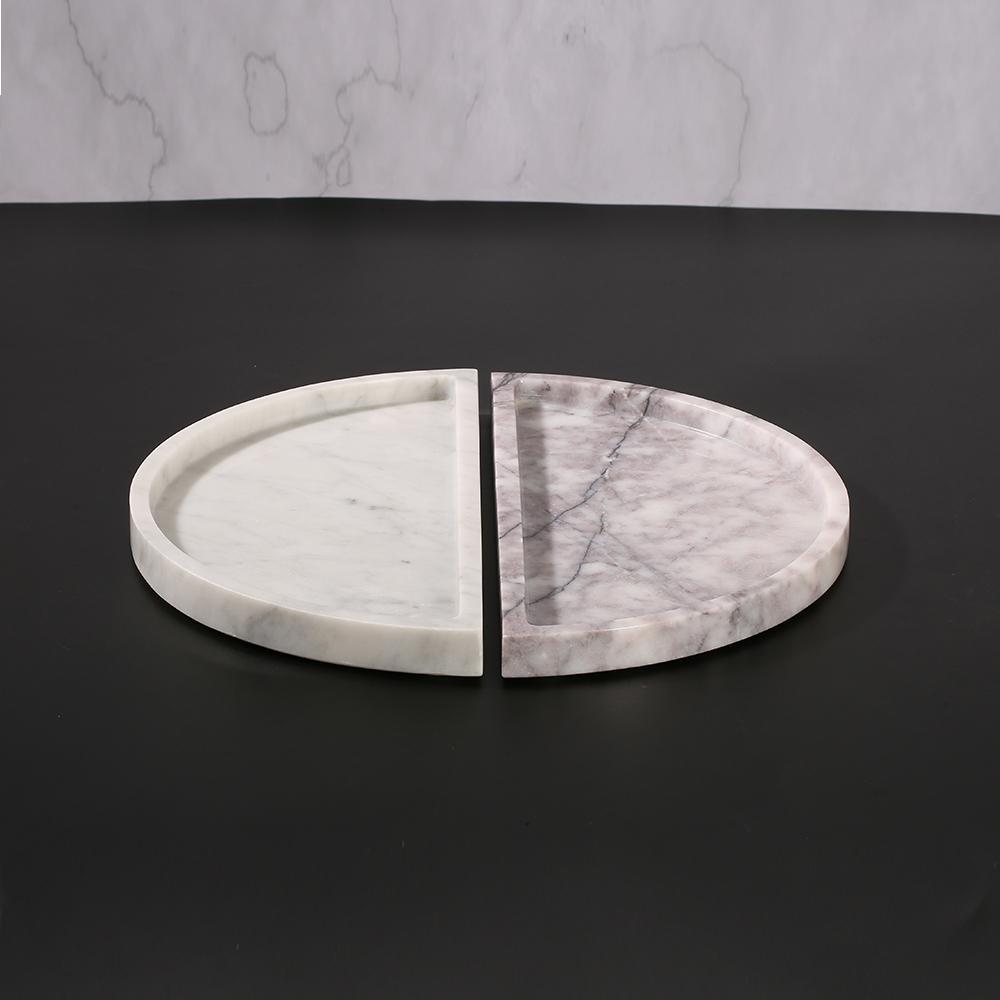 2 Piece Semicircle Marble Fruit Tray Large Round Serving Tray Decor White