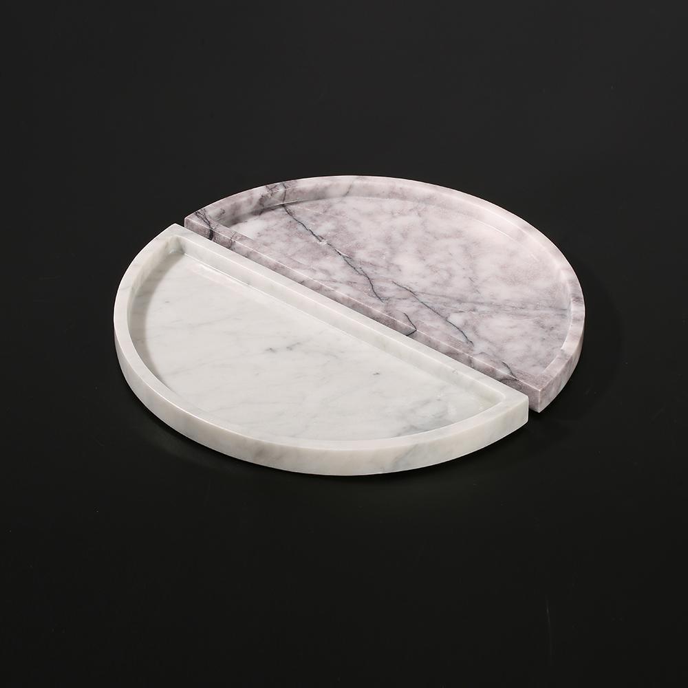 2 Piece Semicircle Marble Fruit Tray Large Round Serving Tray Decor White