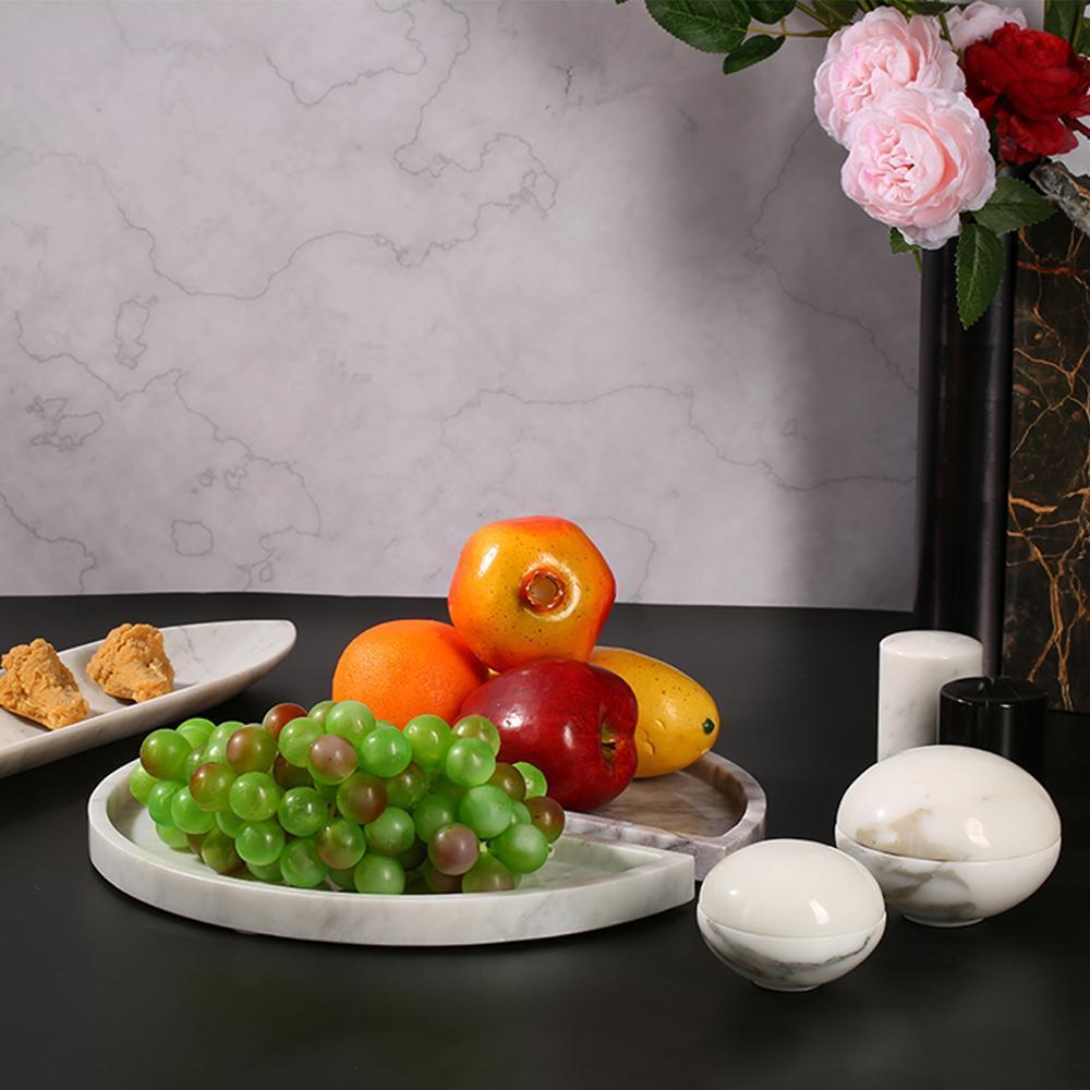 2 Piece Semicircle Marble Fruit Tray Large Round Serving Tray Decor White
