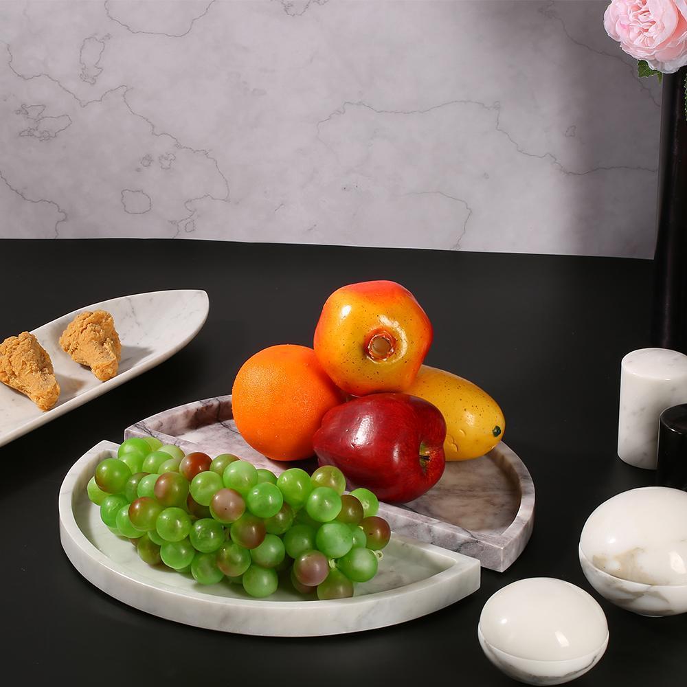 2 Piece Semicircle Marble Fruit Tray Large Round Serving Tray Decor White