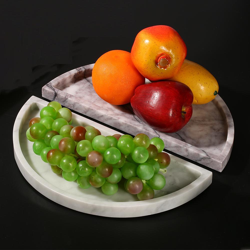 2 Piece Semicircle Marble Fruit Tray Large Round Serving Tray Decor White