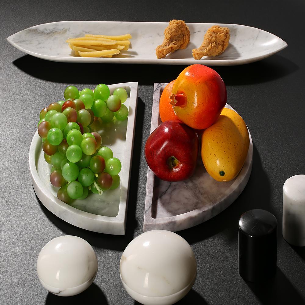2 Piece Semicircle Marble Fruit Tray Large Round Serving Tray Decor White