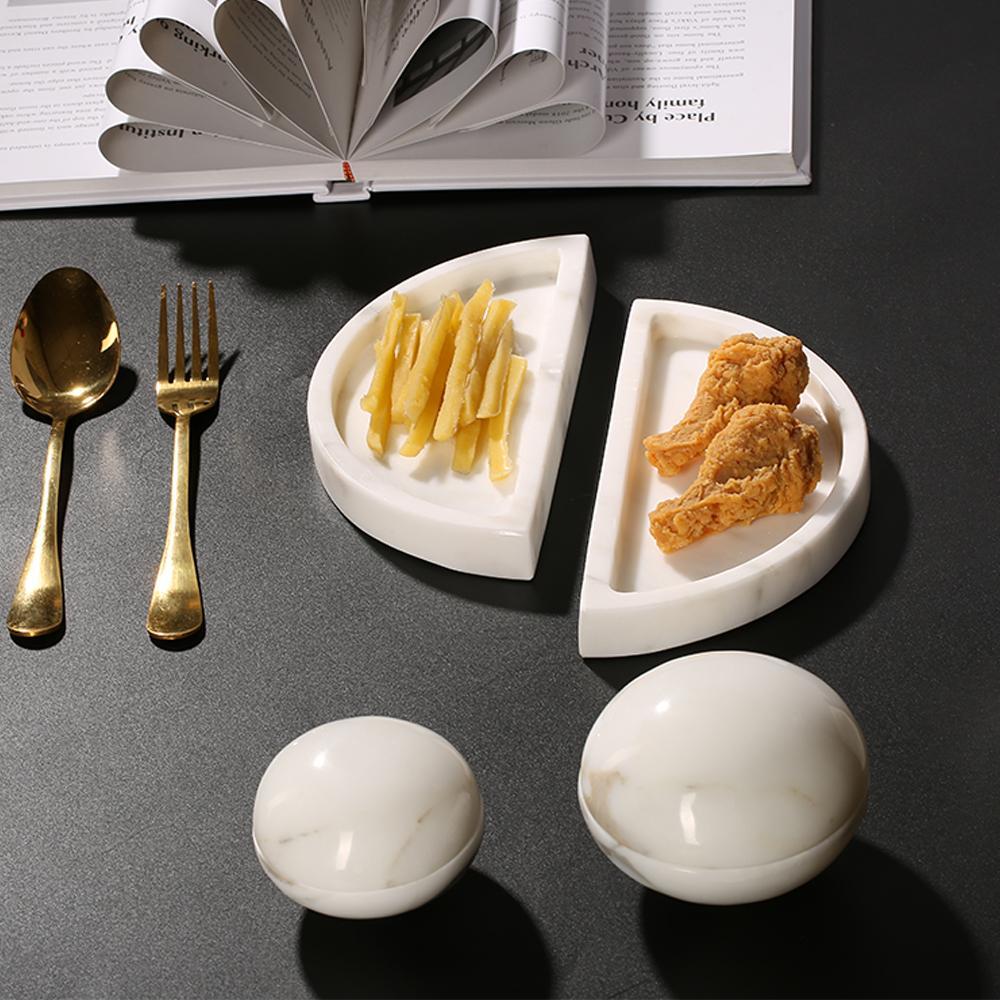 2 Piece Semicircle Marble Fruit Tray Large Round Serving Tray Decor White