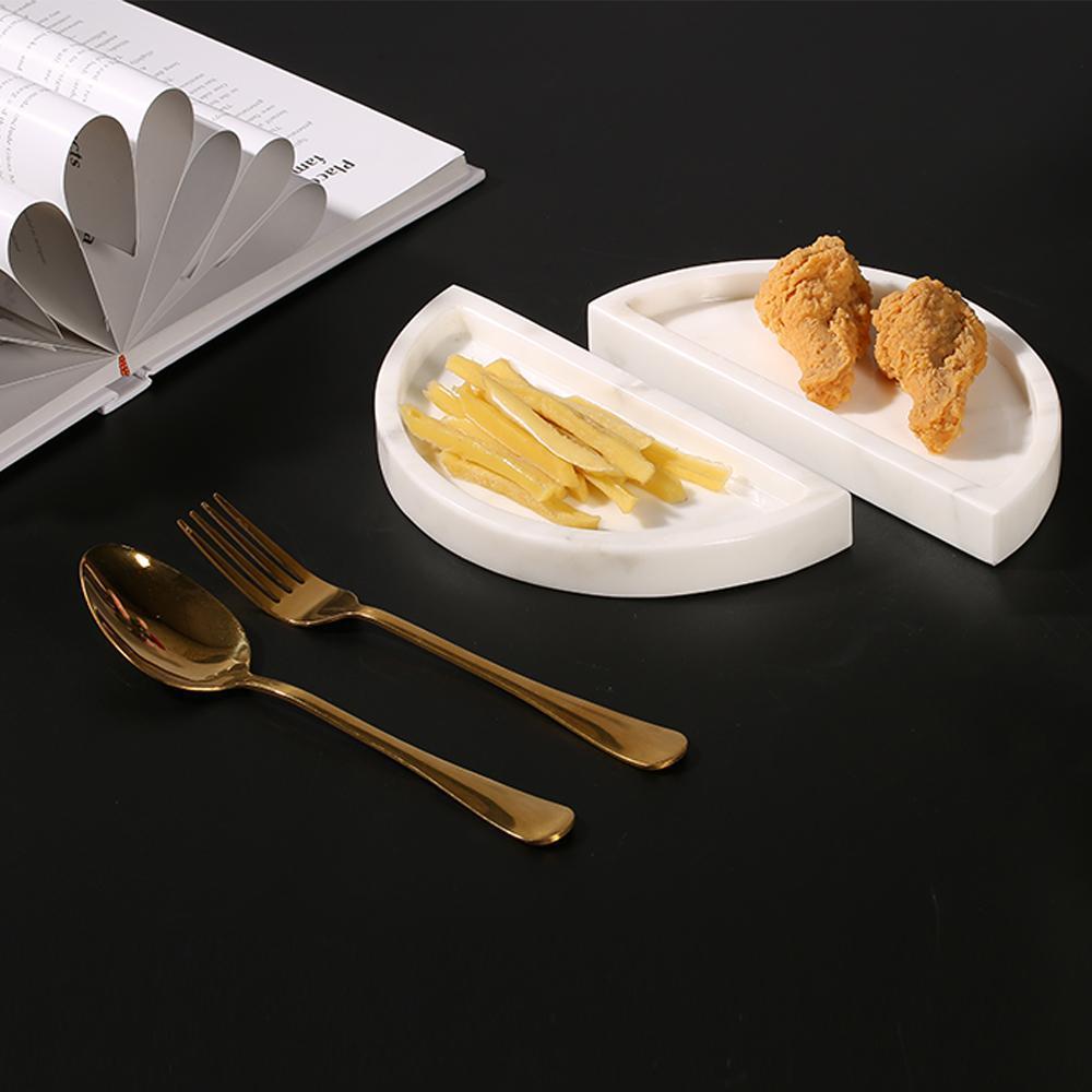 2 Piece Semicircle Marble Fruit Tray Large Round Serving Tray Decor White