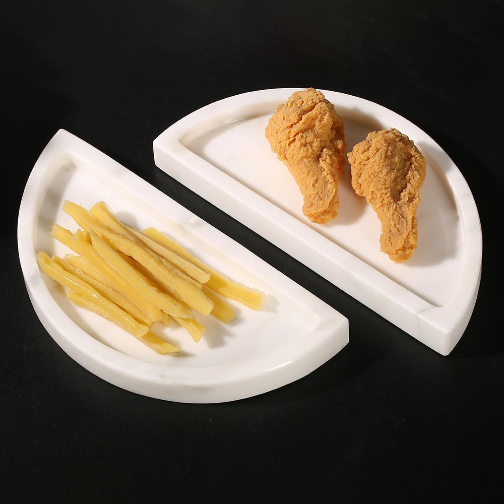 2 Piece Semicircle Marble Fruit Tray Large Round Serving Tray Decor White