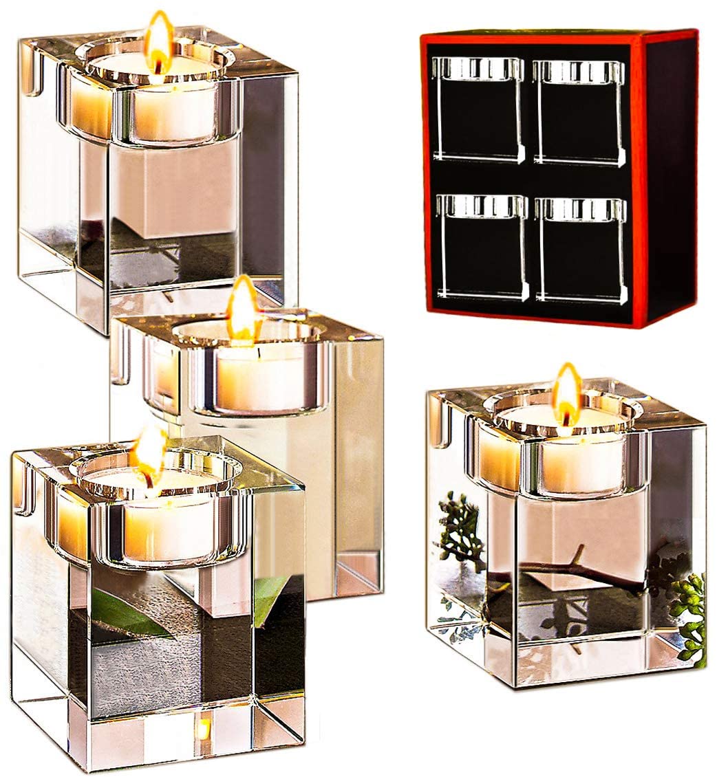 Cube Crystal Clear Glass Candle Holder Centerpiece Set of 4