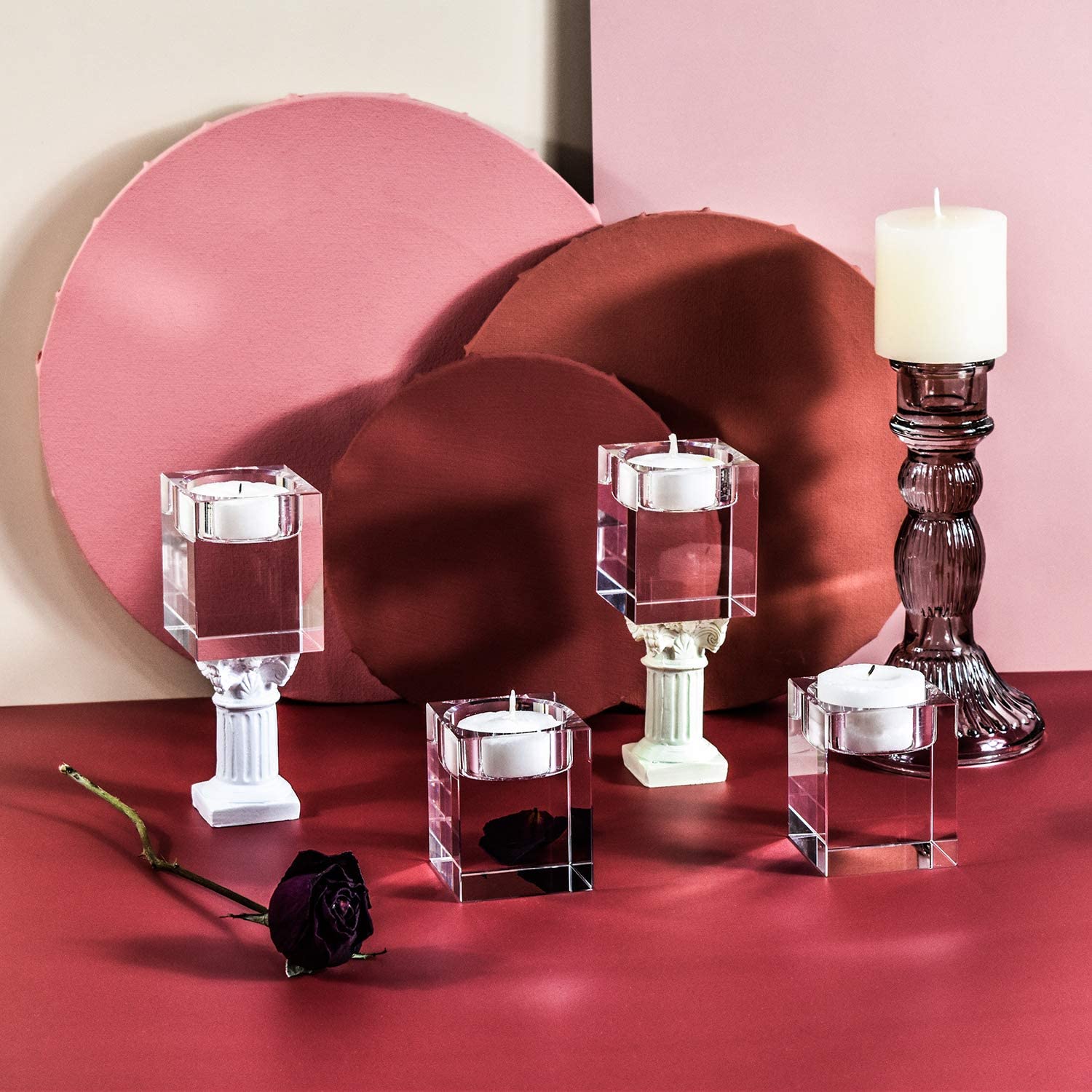 Cube Crystal Clear Glass Candle Holder Centerpiece Set of 4