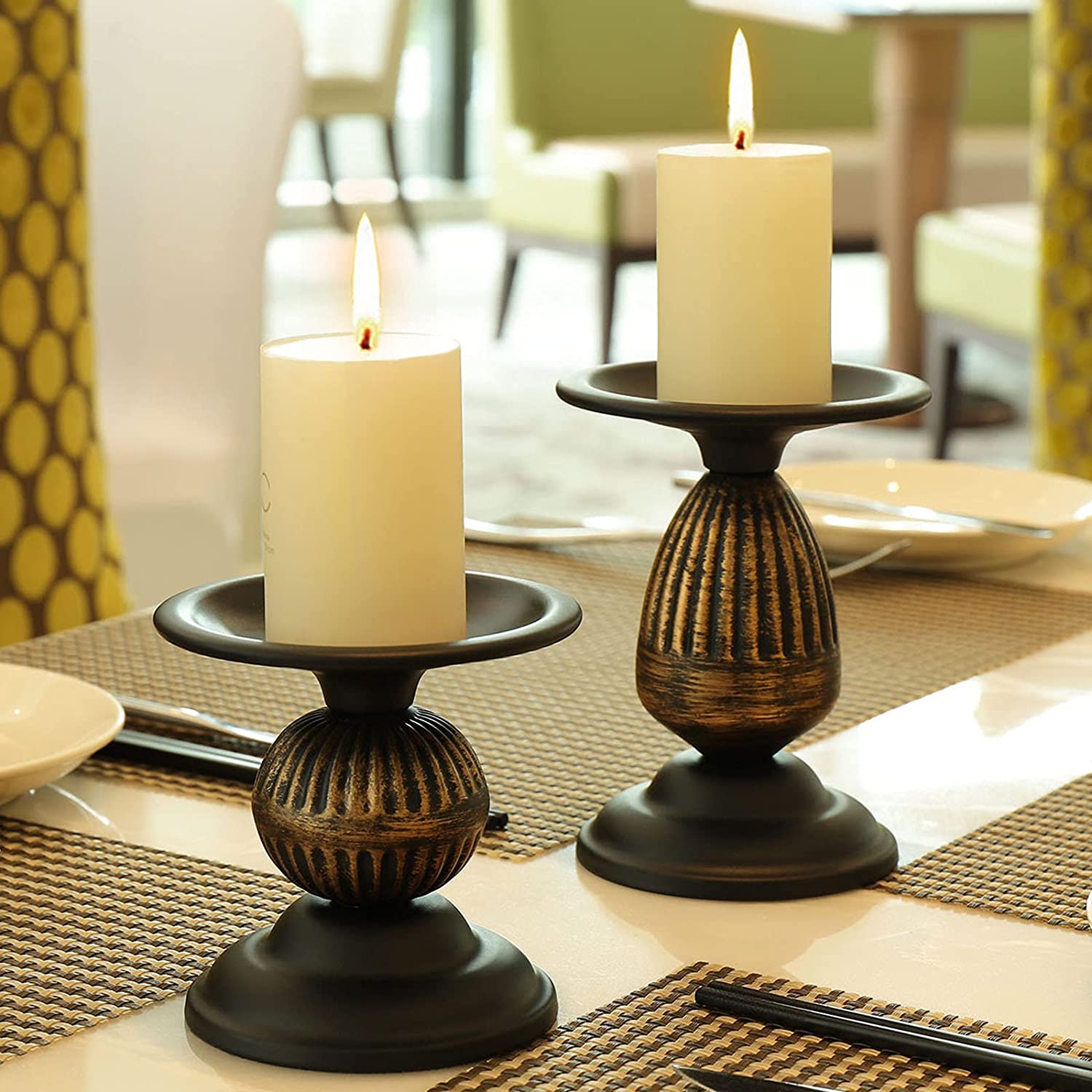 Rustic Pillar Candle Holder Gold Black Candlestick Holder Set of 2