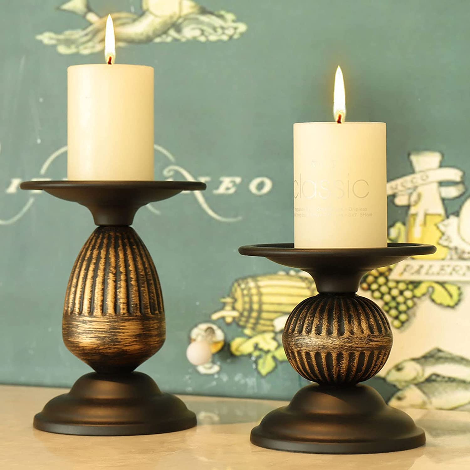 Rustic Pillar Candle Holder Gold Black Candlestick Holder Set of 2