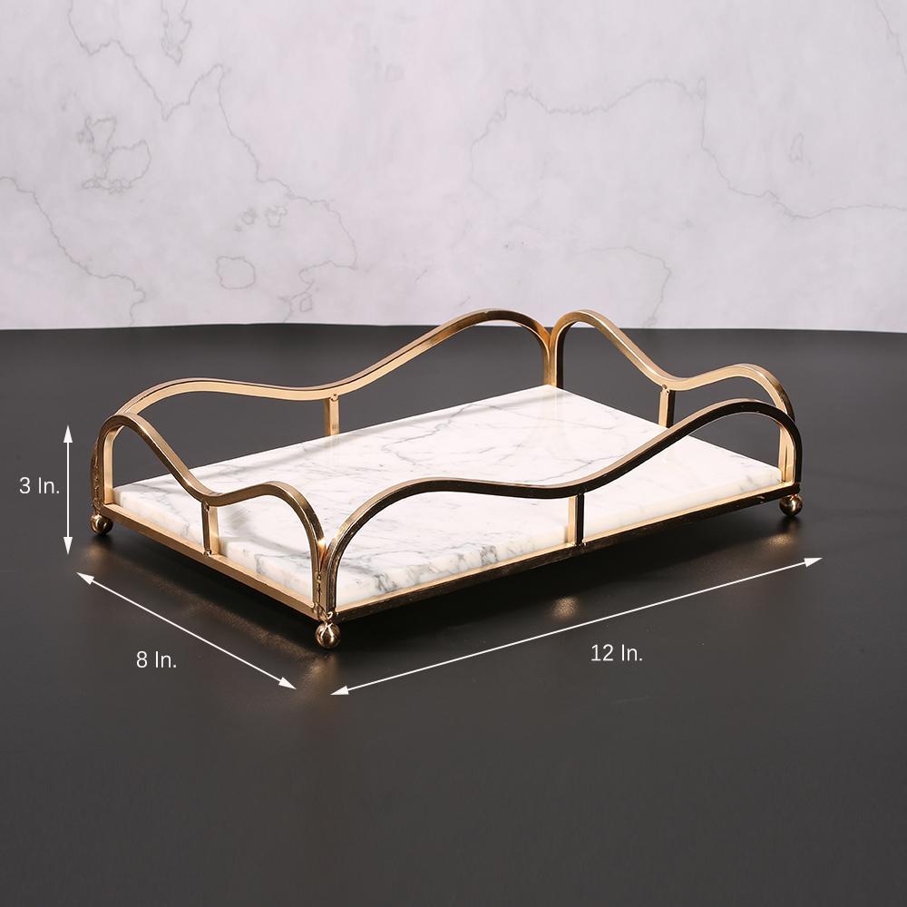 Rectangle Jewelry Perfume Tray Large Serving Tray with Gold Holder White