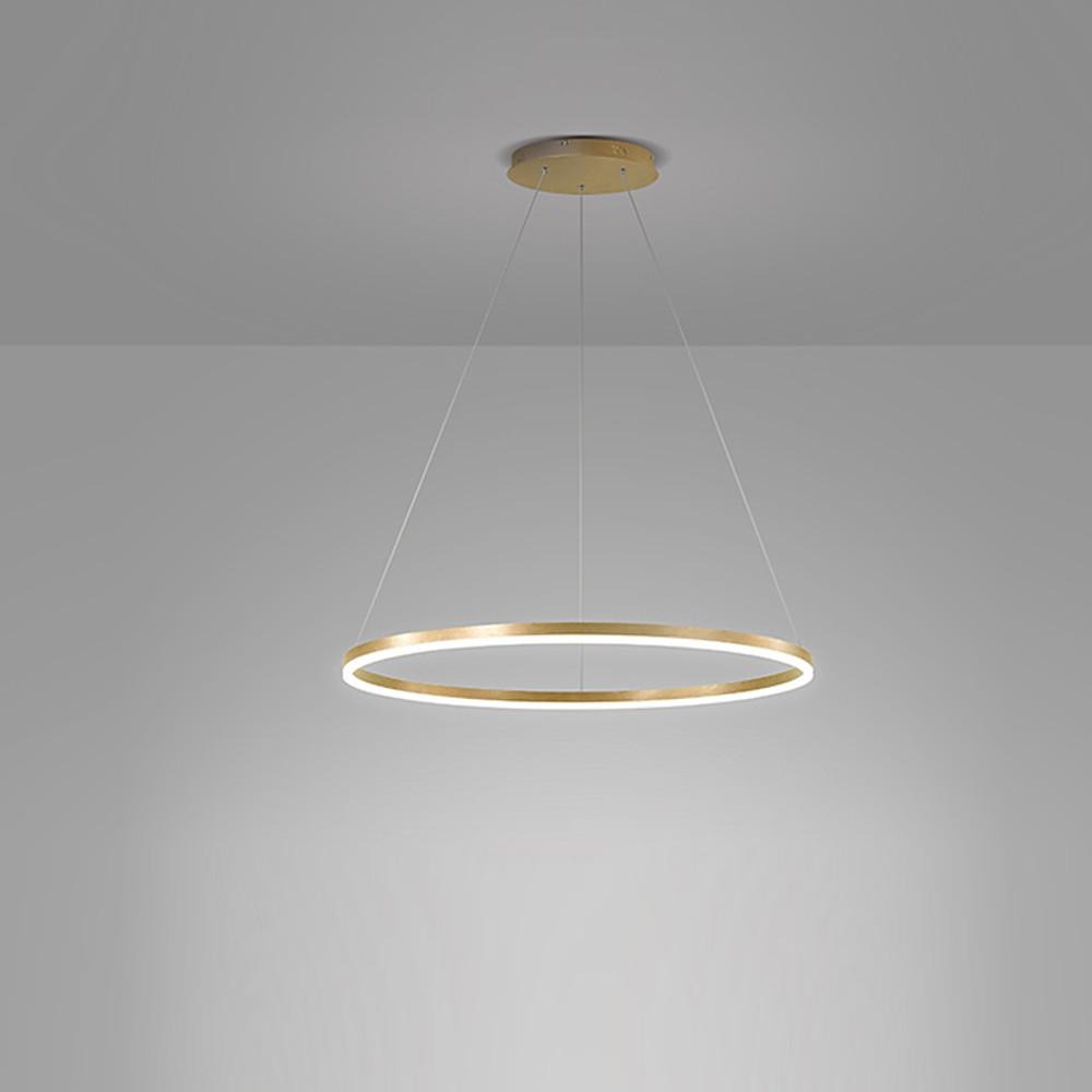 Rose LED ring chandelier isolated against gray wall highlighting ultra-thin ring design.