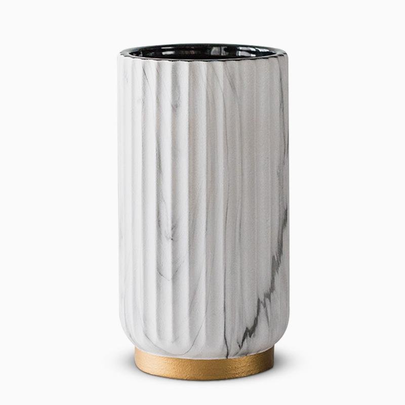 Ceramic Cylinder White Flower Vases with Marbled Vertical Edge Pattern