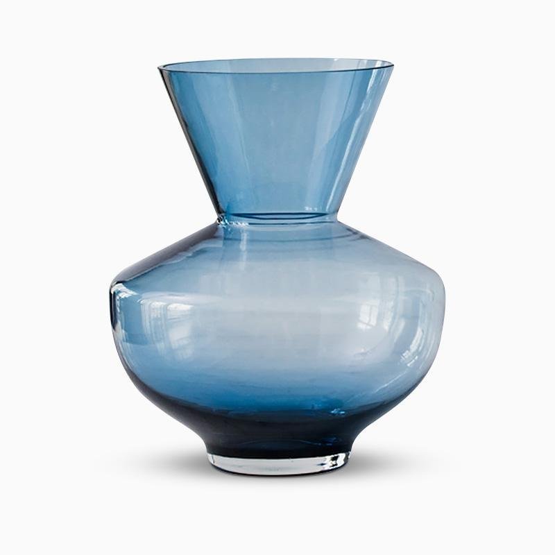 Funnel Style Glass Blue Vases Decorative Flower Vases with Wide Mouth