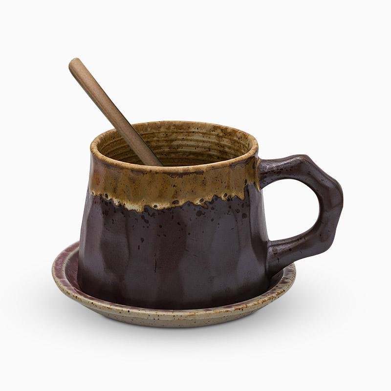 Non-Uniform Shape Stoneware Teacups Peppered With Spoon - dazuma