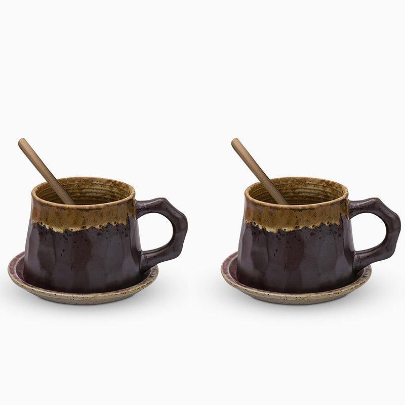Non-Uniform Shape Stoneware Teacups Peppered With Spoon - dazuma
