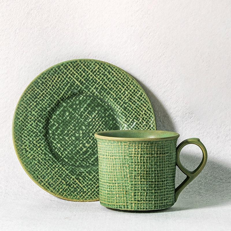 Green Yellow Stoneware Mugs Coffee Cups Teacups and Saucers - dazuma