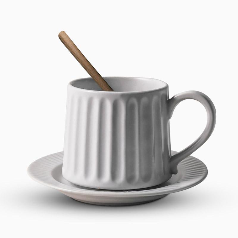 Gray Beige Ribbed Finish Stoneware Mug Coffee Cup Teacup and Saucer - dazuma
