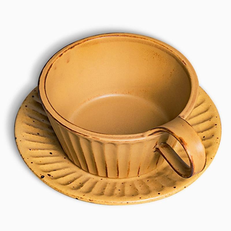 Brown Beige Stoneware Mug Coffee Cup Teacup and Saucer With Lid - dazuma