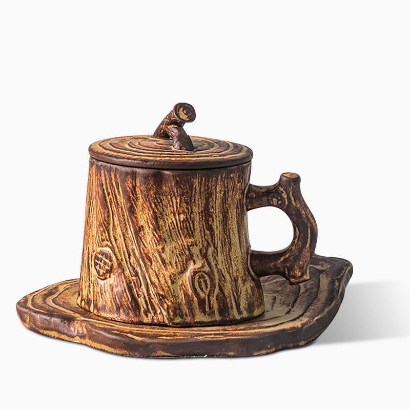 Thickly Grained Wood Rustic Stoneware Mug Coffee Cup Teacup with Saucer/Lid - dazuma