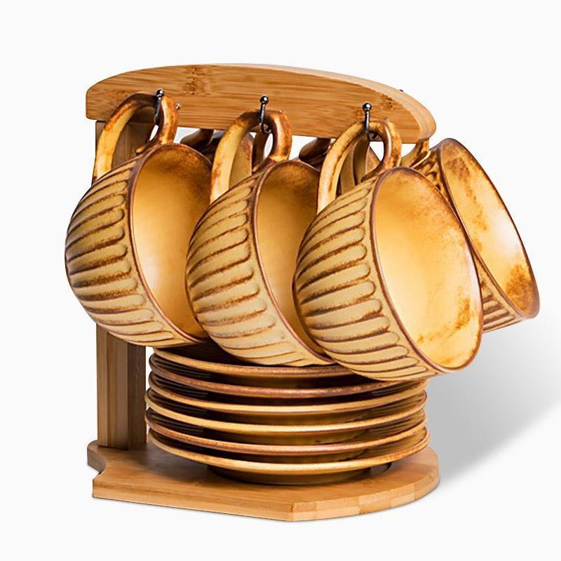 Set of 6 Yellow Stoneware Mugs Coffee Cups Teacups and Saucers