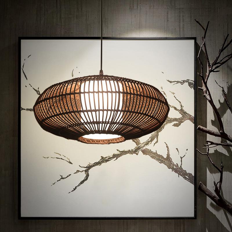 Short Circular Dark Brown Bamboo Pendant Light Farmhouse Ceiling Light - dazuma