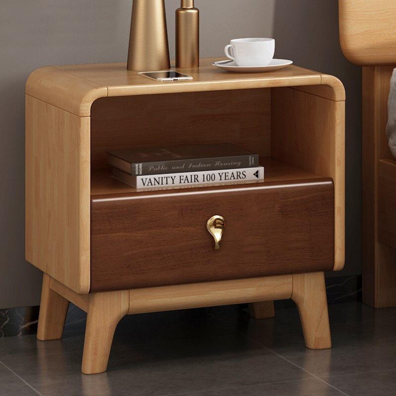 Rectangular Rubber Wood Nightstands Bedside Tables with Solid Wood Cabinet Feet One Drawer
