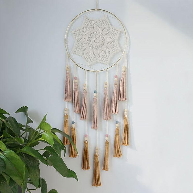 Beige Bohemian Style Round Cotton Woven Wall Hangings