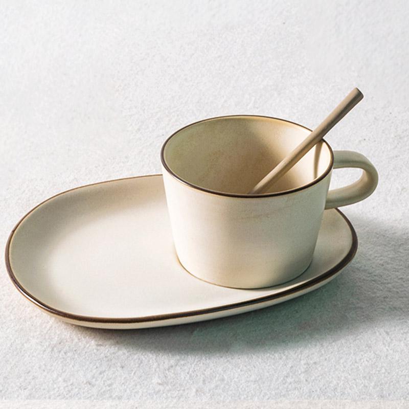 White Stoneware Mug Coffee Cup Teacup with Oval Rectangle Saucer - dazuma