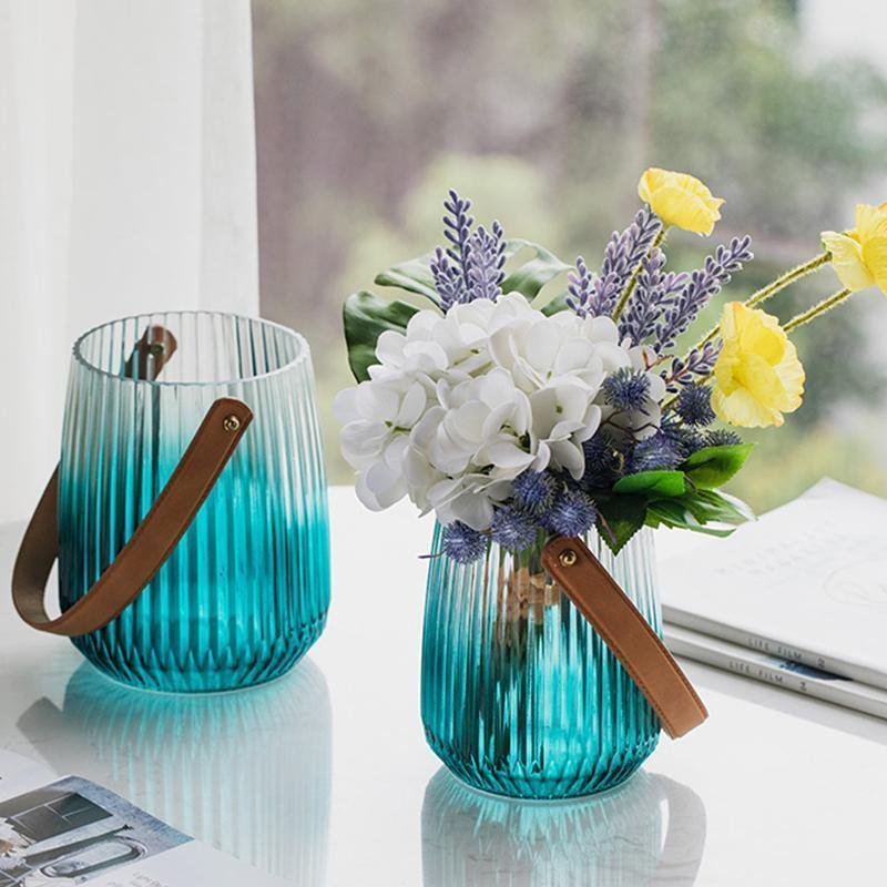 Cylinder Basket Shape Glass Pink Gray Blue Vases with Handle