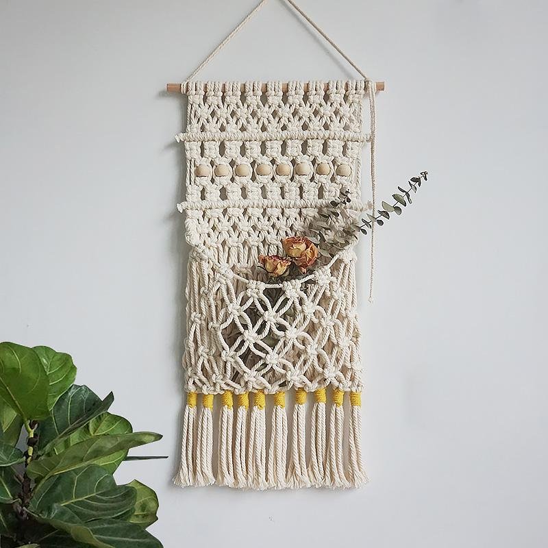 Beige Bohemian Style Rectangular Cotton Tapestry Woven Wall Hangings
