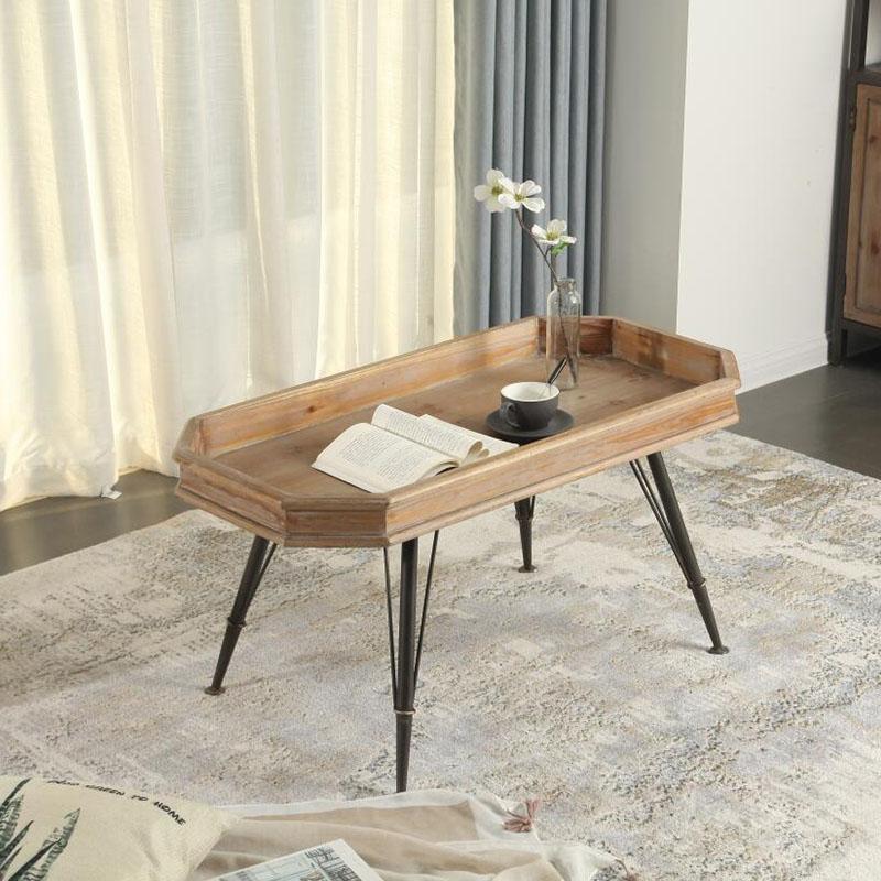 Rectangular Fir Wood Tray Top Coffee Tables with 4 Iron Legs