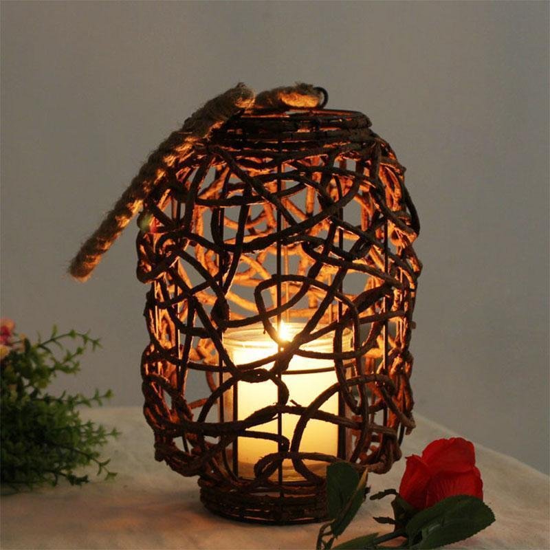 Farmhouse Vintage Garden Floor Wicker Woven Lantern with Sing Rope Handle