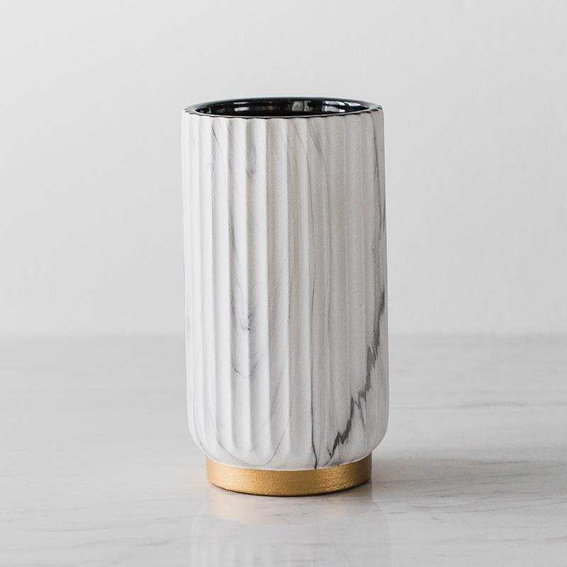 Ceramic Cylinder White  Flower Vases with Marbled Vertical Edge Pattern