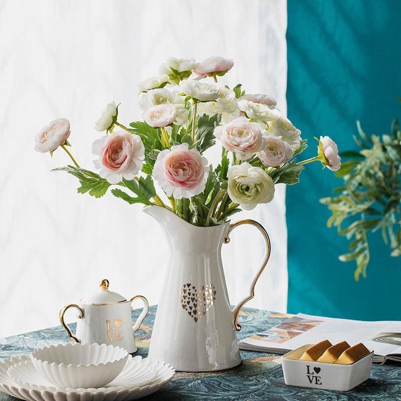 Handled Jug Shaped White Ceramic Flower Vases