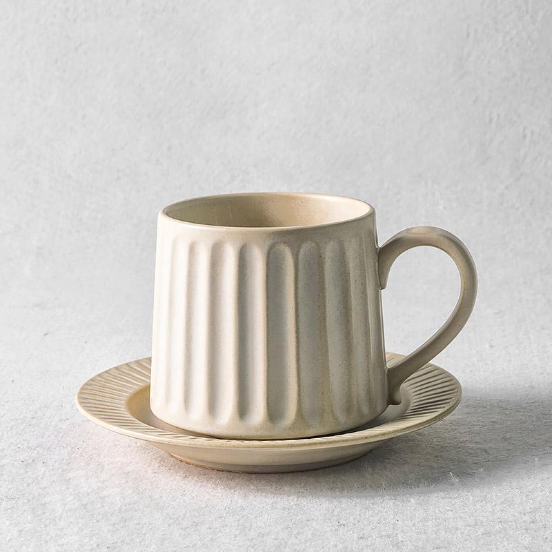 Gray Beige Ribbed Finish Stoneware Mug Coffee Cup Teacup and Saucer - dazuma